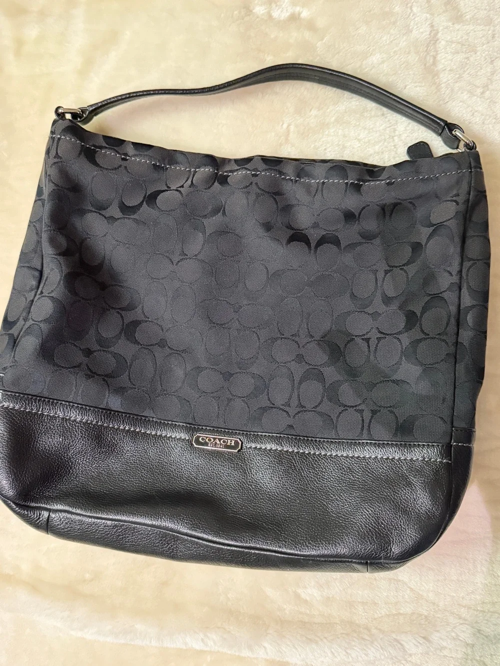 Coach Black Signature Shoulder Bag with Leather Trim